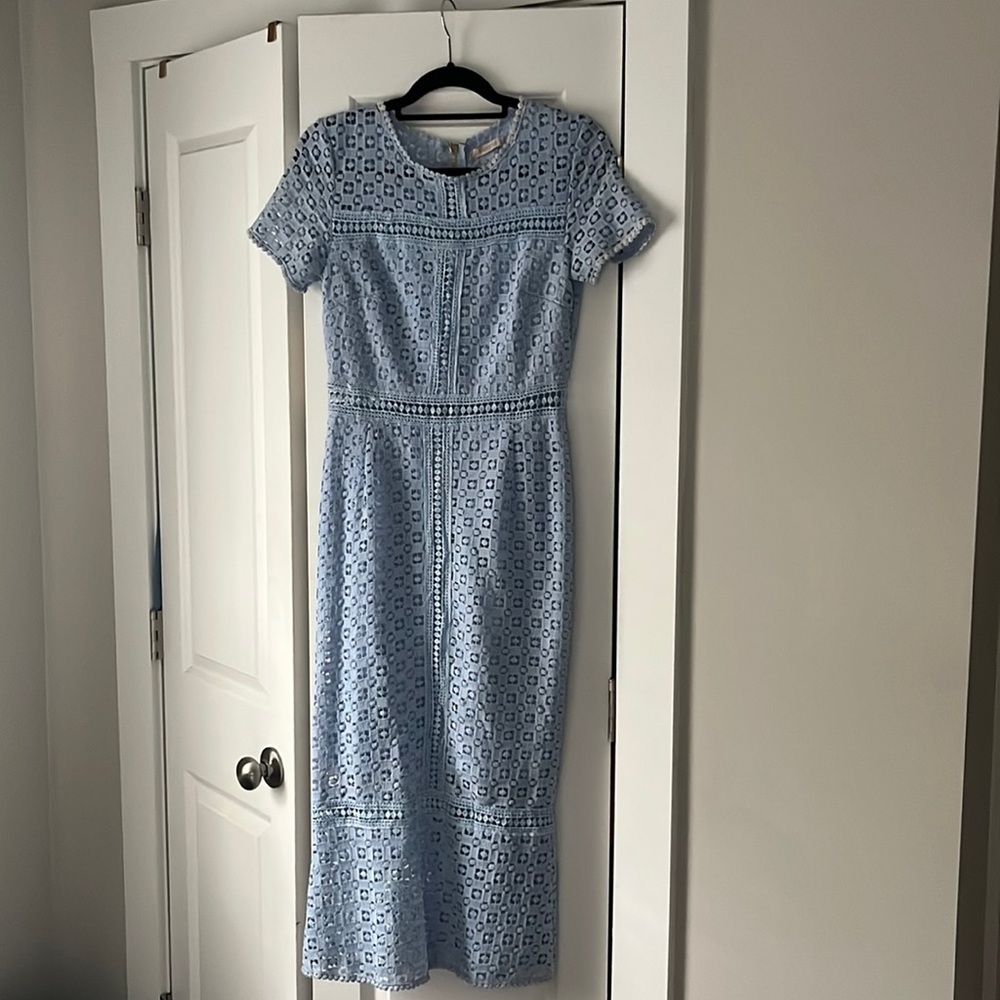 Baby blue crochet knit midi dress short sleeve